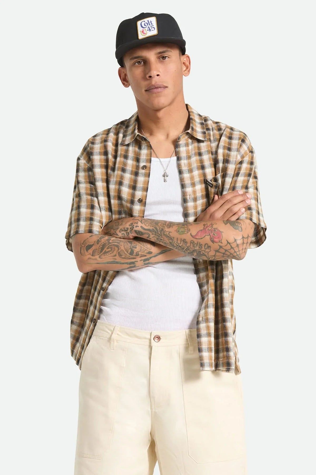 BRIXTON CRU LINEN BLEND PLAID SHORT SLEEVE SHIRT